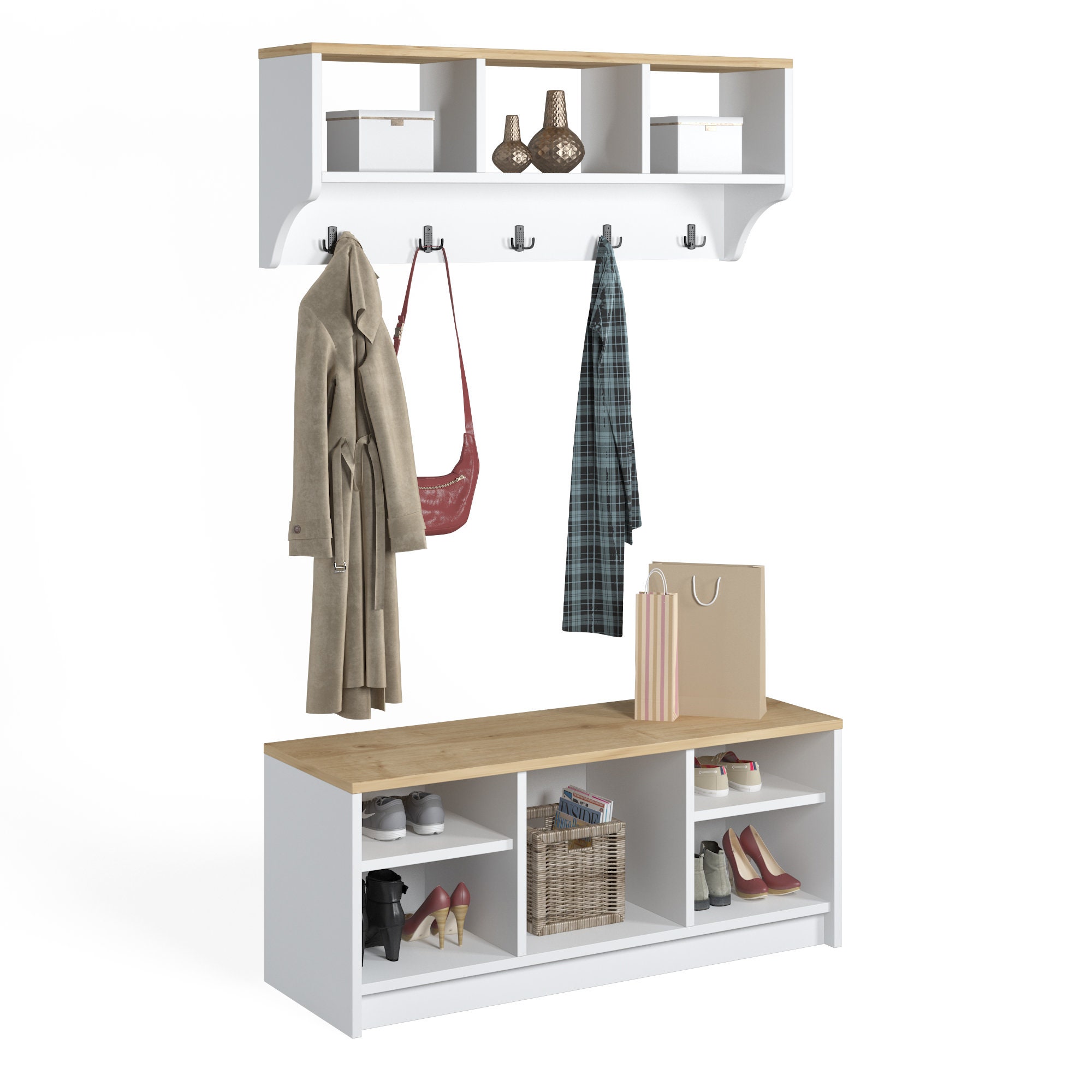 KayRana Essex Hallway Shoe Cabinet & Coat Rack With 3 Compartments ...