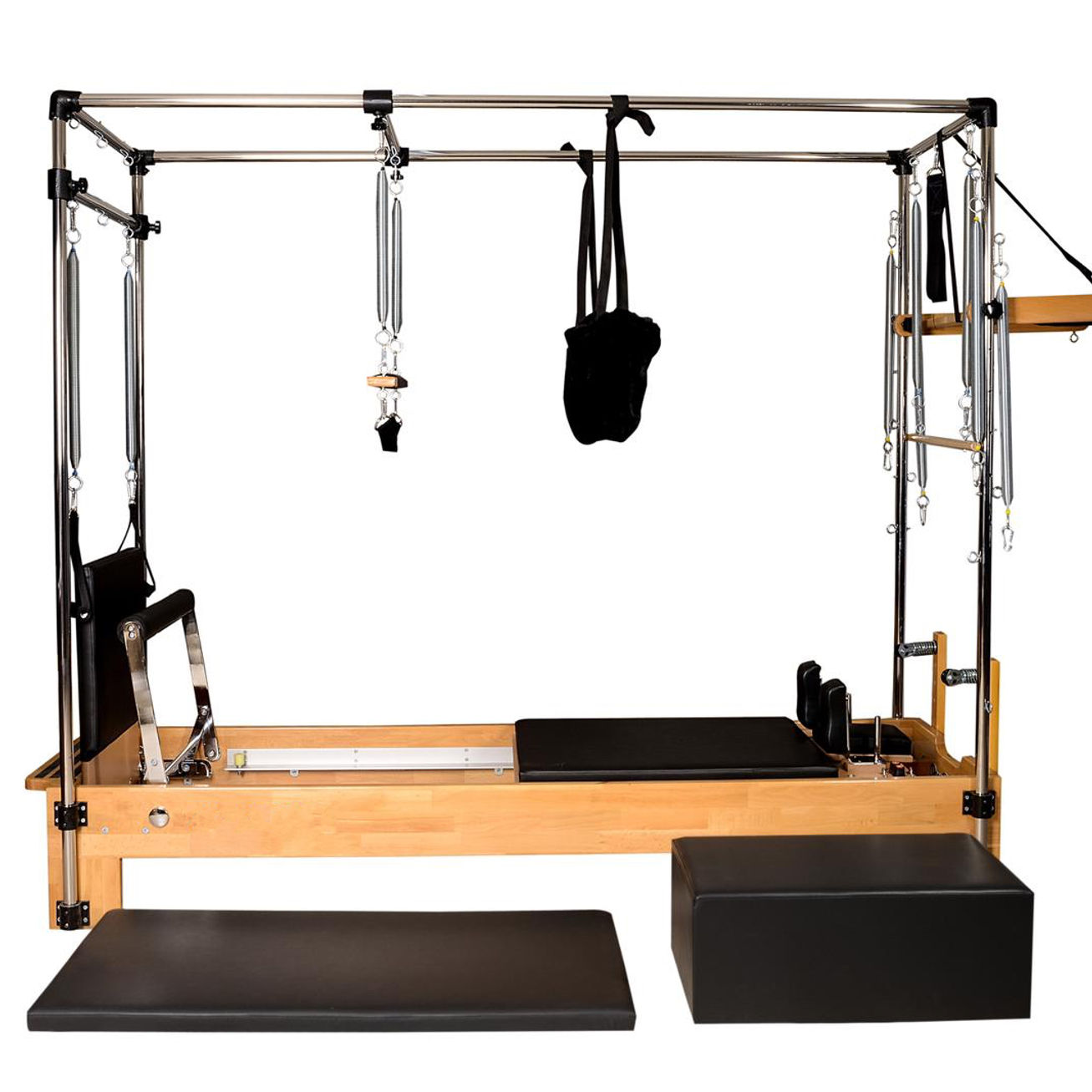 Close-up of adjustable footbar and gearbar system on Pilates Reformer Tower
